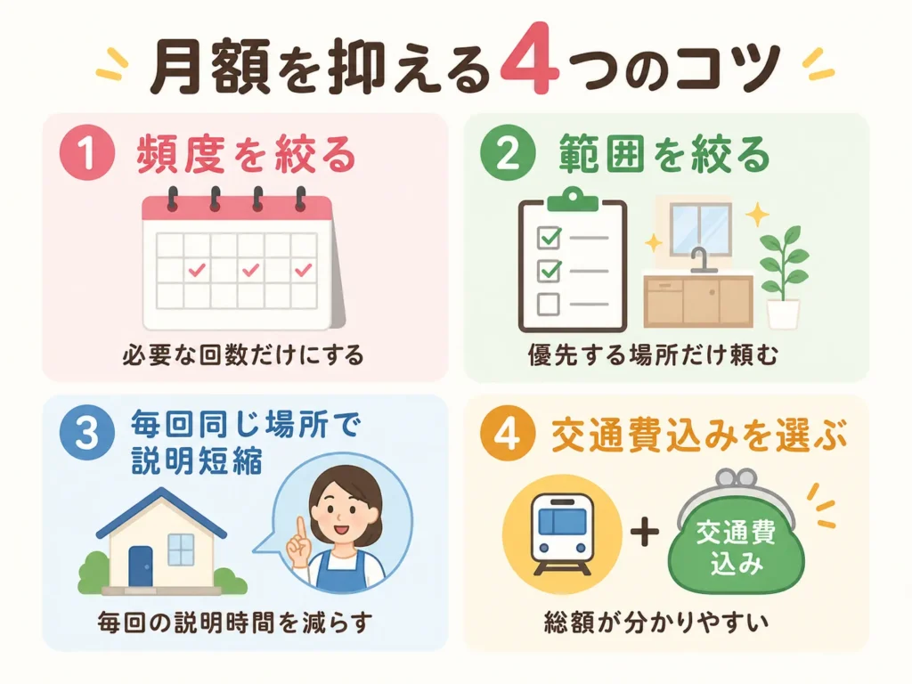 家事代行の月額を抑える4つのコツを示した図解