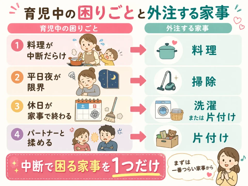 育児中に家事代行でまず外に出す「中断で困る家事」を困りごと別に決める考え方を示した図解