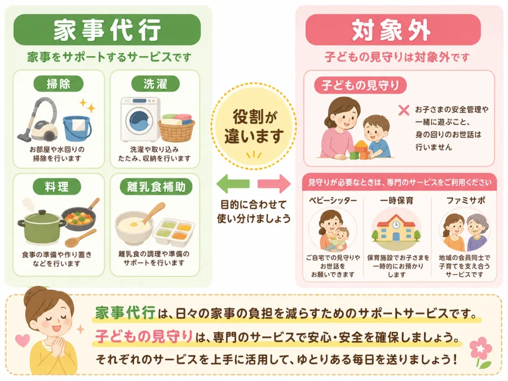 家事代行で頼める範囲とベビーシッター・一時保育の線引きを示した図解