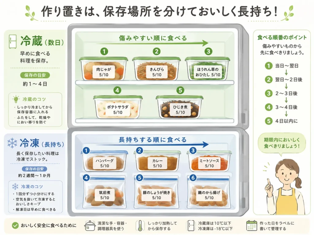 作り置きの冷蔵・冷凍の分け方や保存容器のラベルなど食べ切りのコツを示した図解