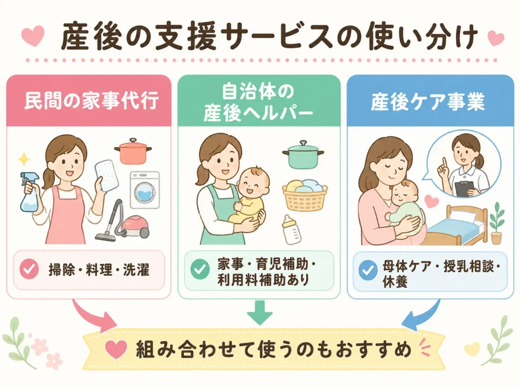 家事代行と自治体の産後ヘルパー・産後ケア事業の使い分けを示した図解