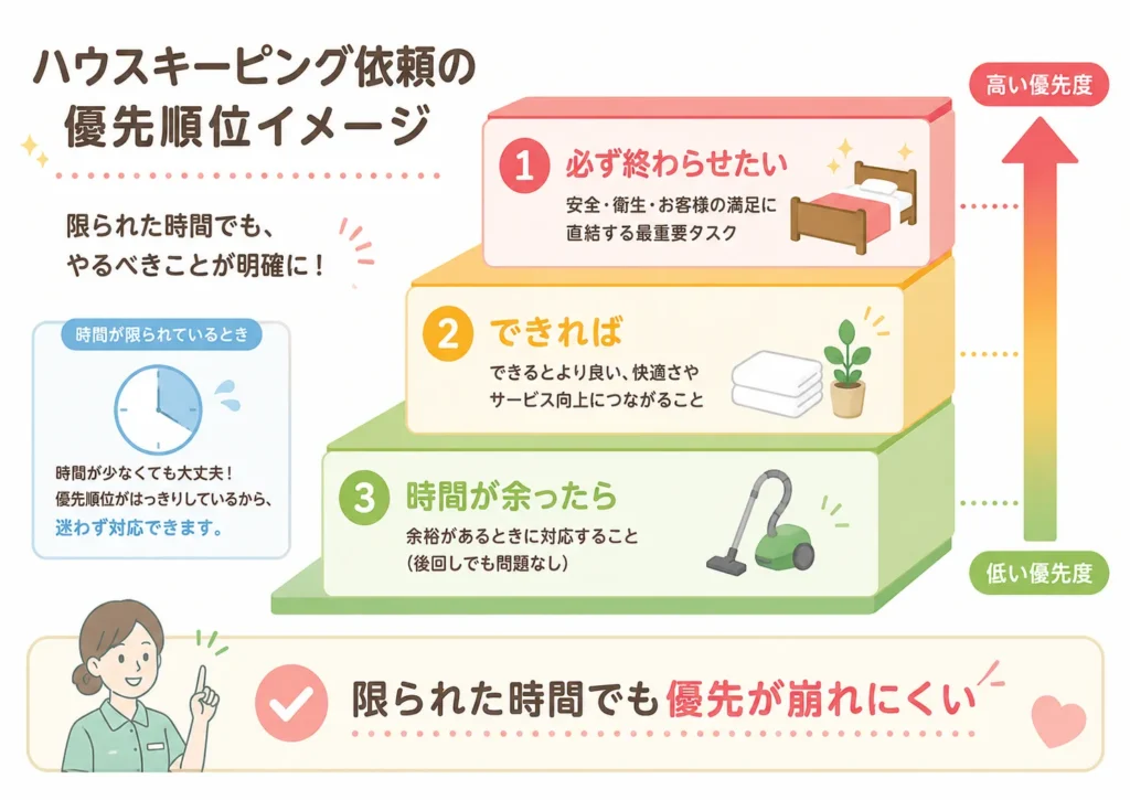 掃除の優先順位を必ず・できれば・余ったらの3段階で分ける考え方を示した図解