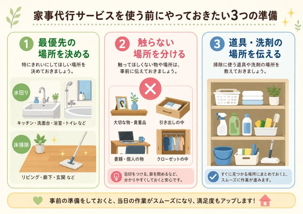 家事代行で掃除だけを頼む前に決める3つのことを示した図解