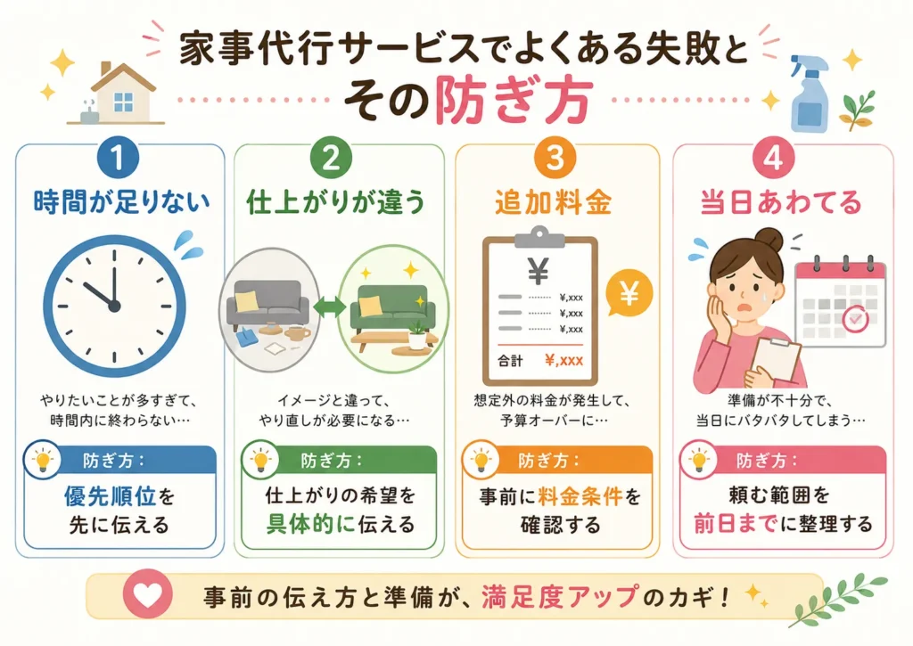家事代行で掃除だけを頼むときに失敗しやすいポイントを示した図解