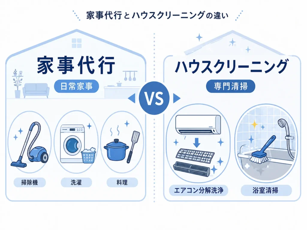 家事代行とハウスクリーニングの違いを日常家事と専門清掃で対比した早見図