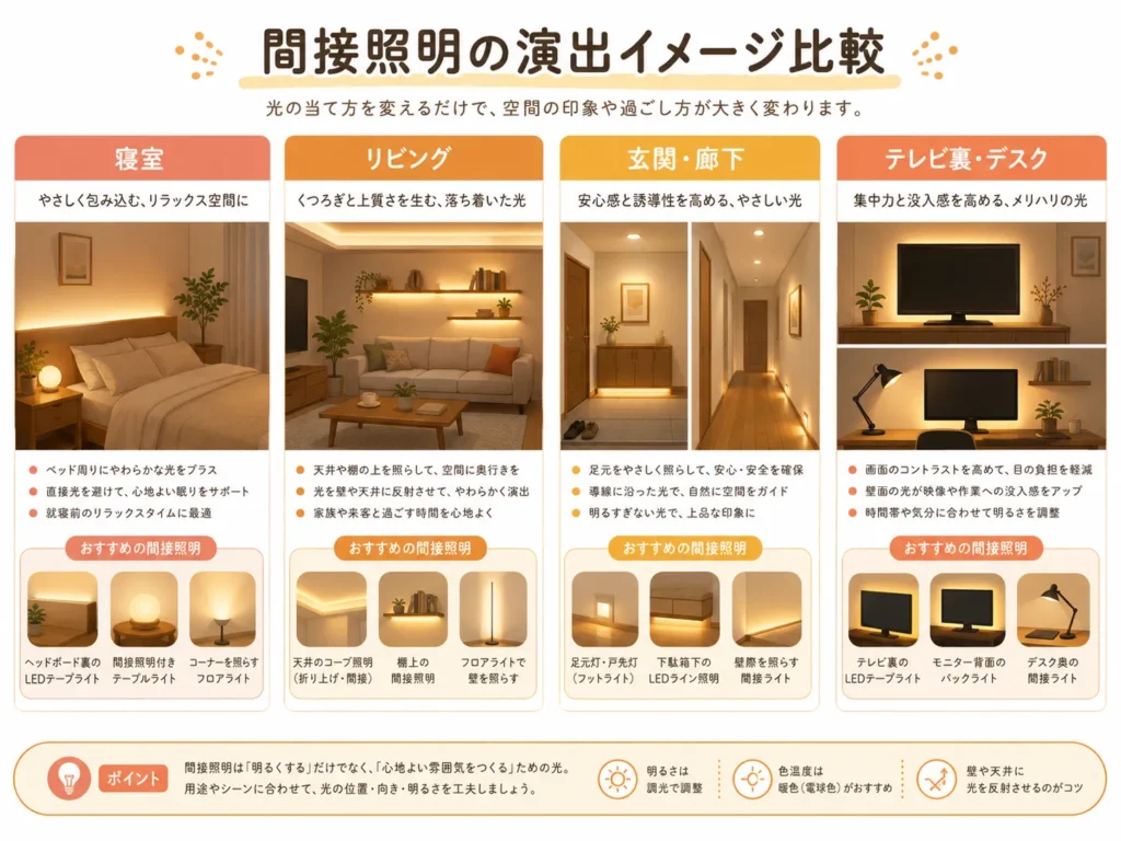 間接照明を設置場所別(寝室・リビング・玄関・テレビ裏)にどう演出するかを示した図解