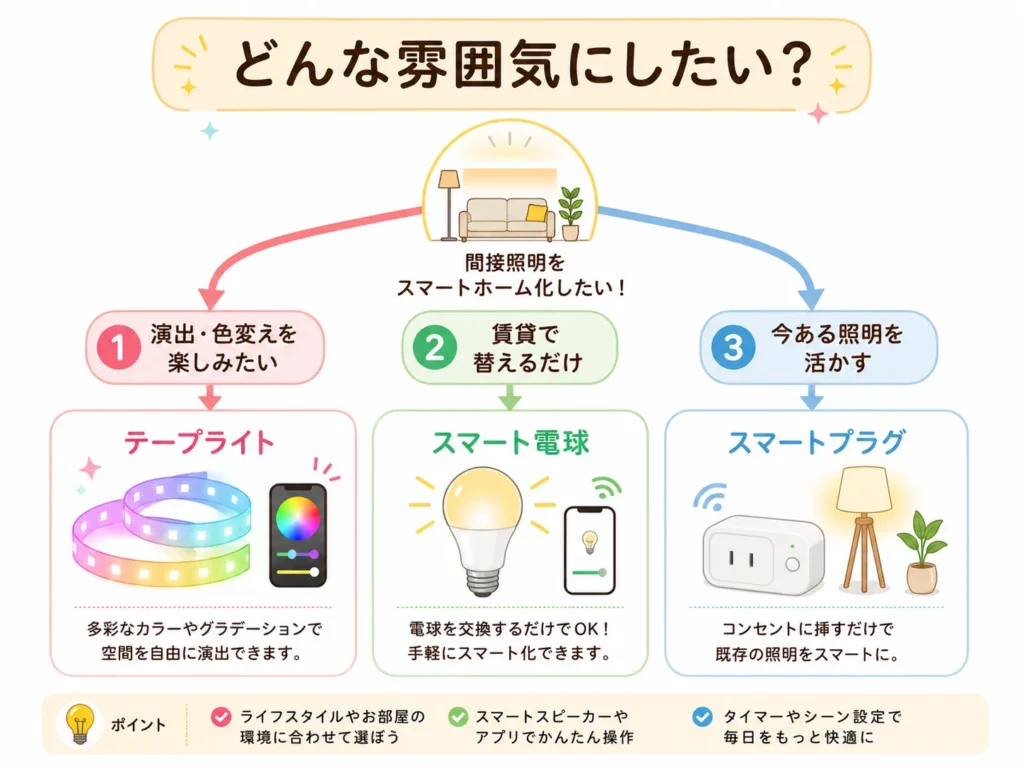 間接照明のスマート化を目的(演出・賃貸・今ある照明)から選ぶ考え方を示した図解