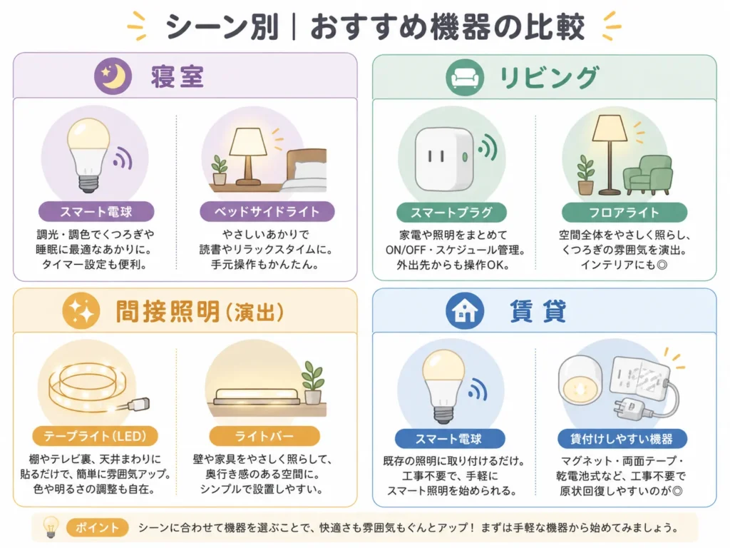 間接照明のスマートホームを生活シーン別にどう使うかを示した図解