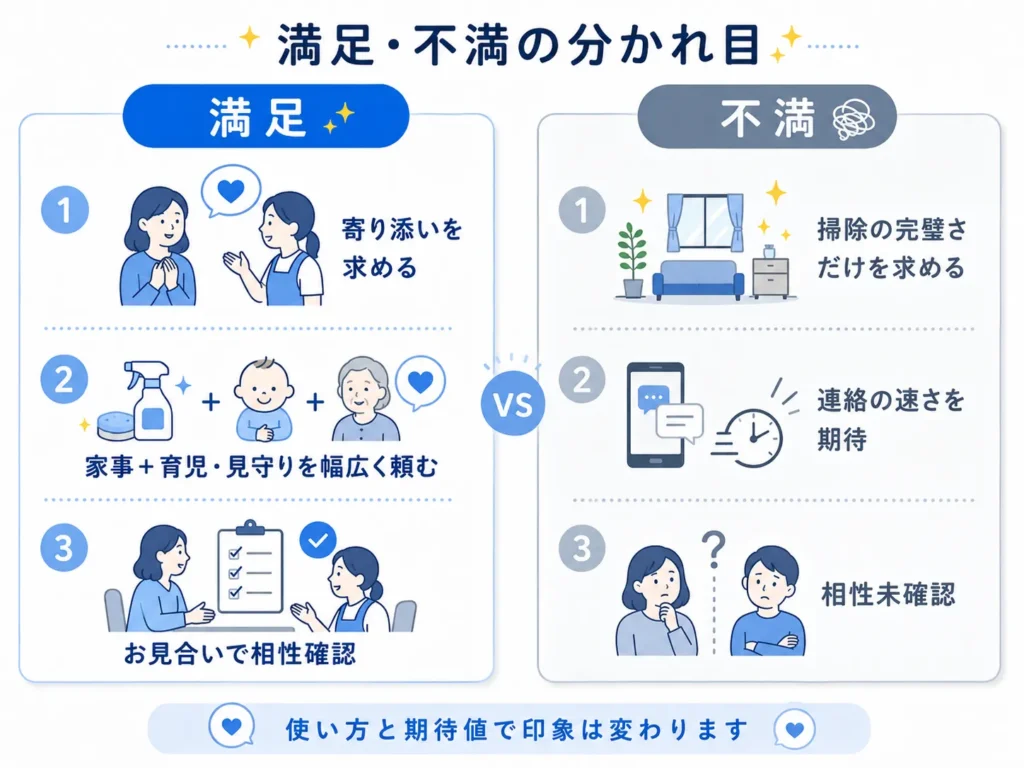 求める内容やきらりさんとの相性の違いで評判が満足と不満に分かれる様子を対比したインフォグラフィック