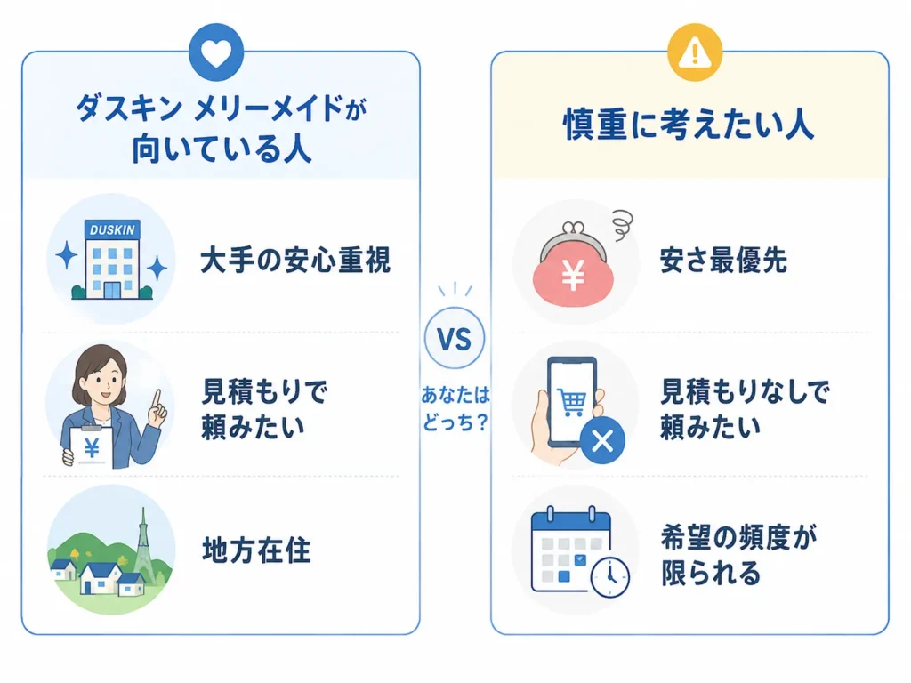 ダスキン メリーメイドが向いている人と慎重に考えたい人を対比した診断風インフォグラフィック