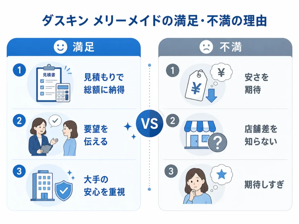 料金の捉え方や店舗差の理解でダスキン メリーメイドの評判が満足と不満に分かれる様子を対比したインフォグラフィック