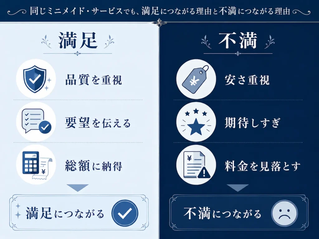 料金の捉え方や店舗差の理解でダスキン メリーメイドの評判が満足と不満に分かれる様子を対比したインフォグラフィック