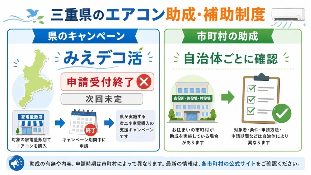 三重県の市町村エアコン助成が受付中か終了済みかを確認する図