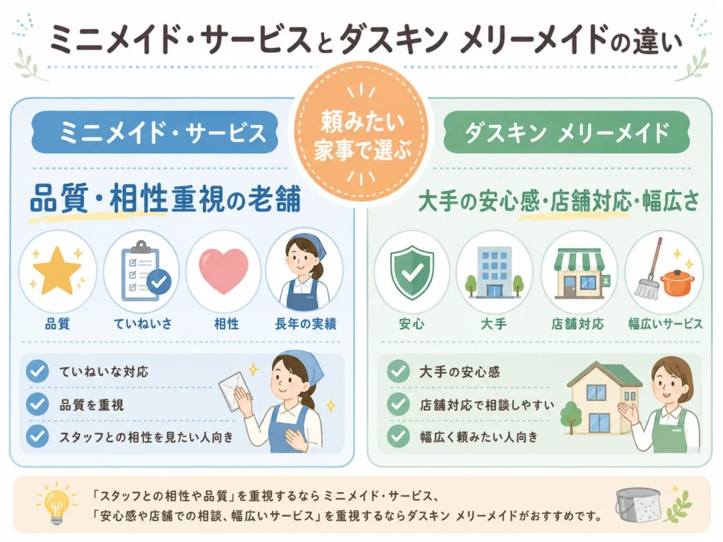 ミニメイド・サービスとダスキン メリーメイドの選び分けを示した図解