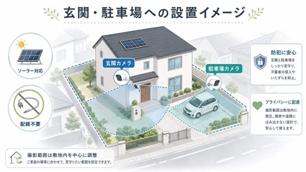 玄関と駐車場に屋外防犯カメラを設置したイメージ図