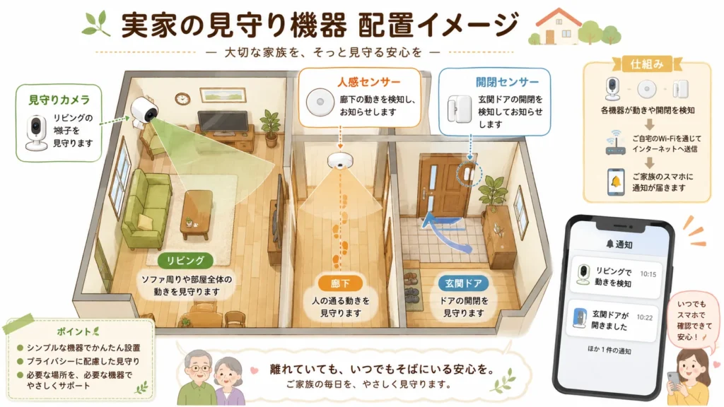 リビングに見守りカメラ、廊下に人感センサー、玄関に開閉センサーを設置した間取りイメージ図