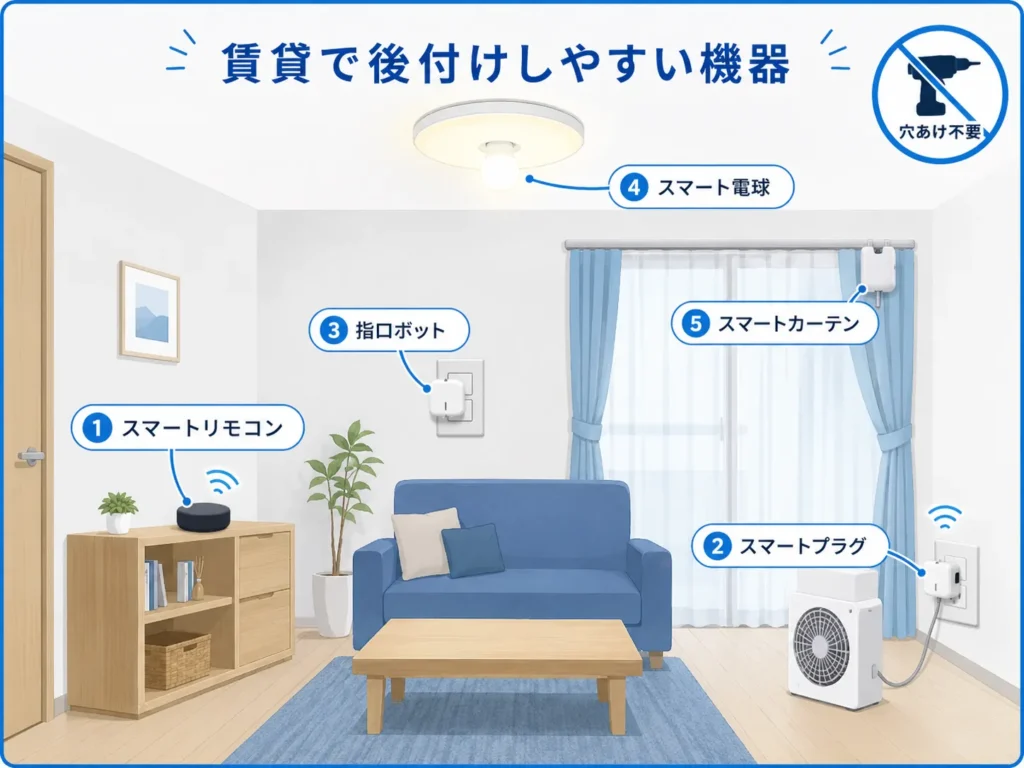 賃貸の部屋に各種スマートホーム機器を穴あけなしで後付けした様子のイラスト