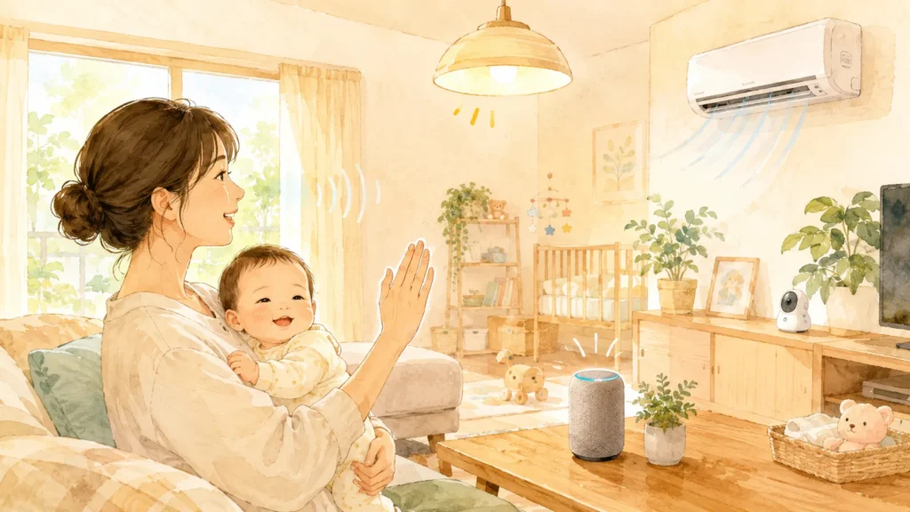 赤ちゃんを抱っこしながら声で家電を操作する子育て中のスマートホームのイメージ