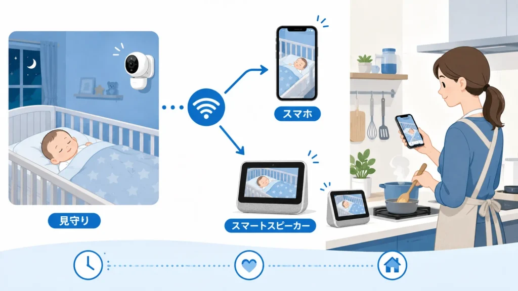 別室で眠る赤ちゃんをキッチンのスマホで見守るベビーモニターの仕組み図