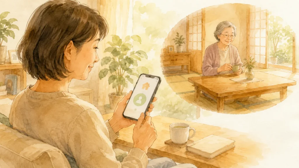 スマートフォンで離れて暮らす高齢の親をさりげなく見守るイメージ