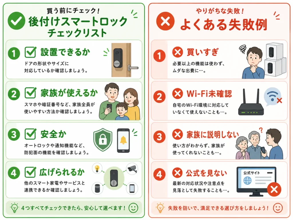 スマートホーム購入前のチェックリストと失敗しやすいポイントを示した図解