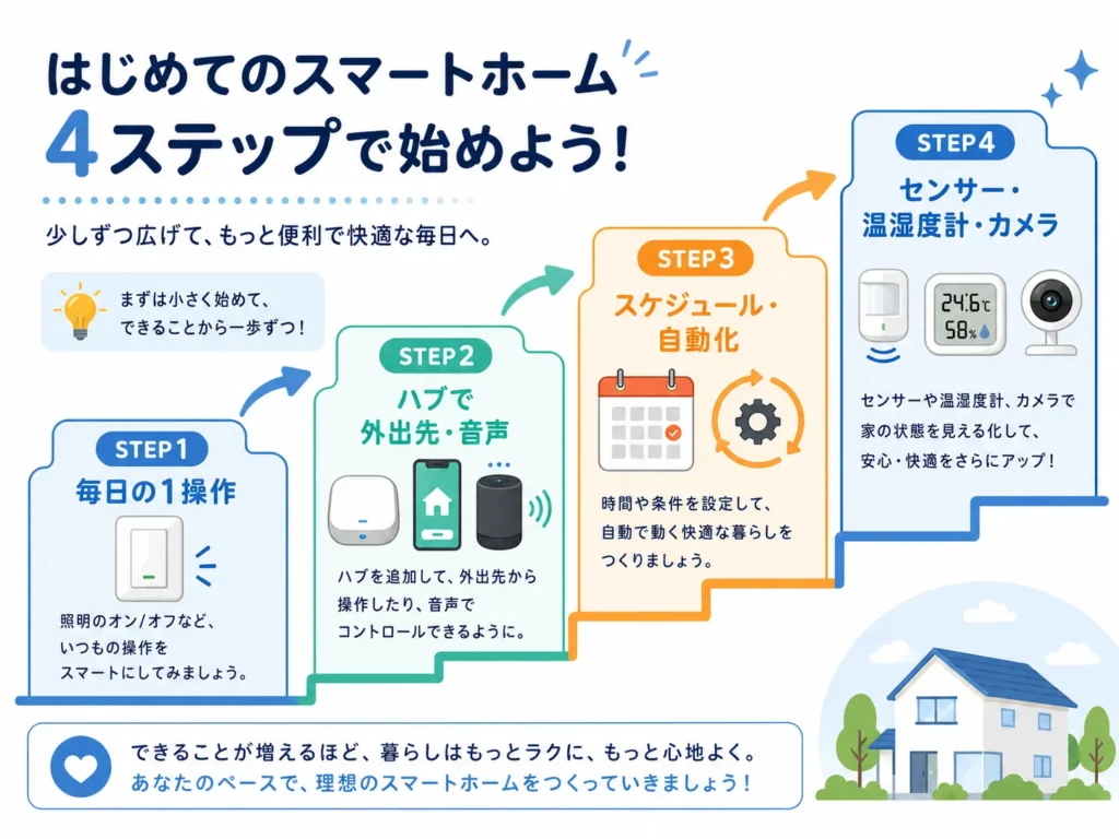 スマートホームを段階的に広げる4ステップの順番を示した図解