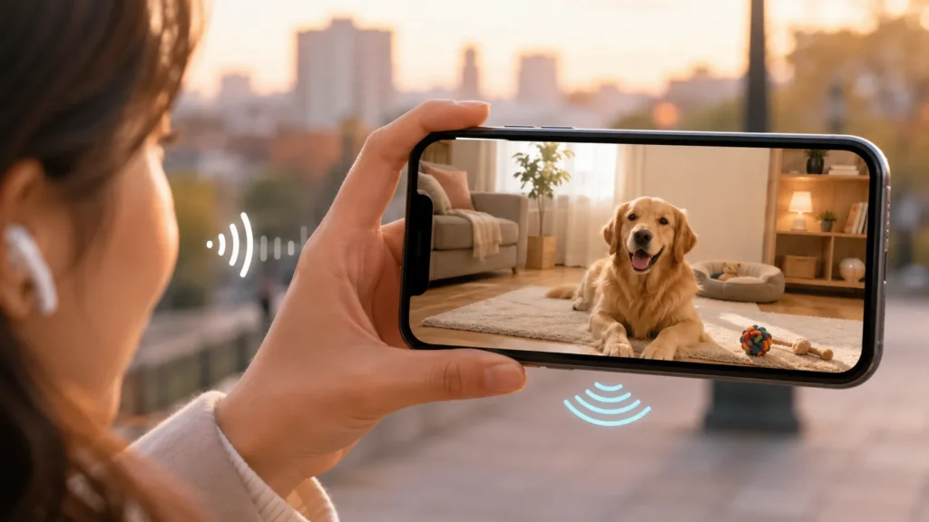 外出先のスマホから留守番中のペットを見守り声をかけるイメージ