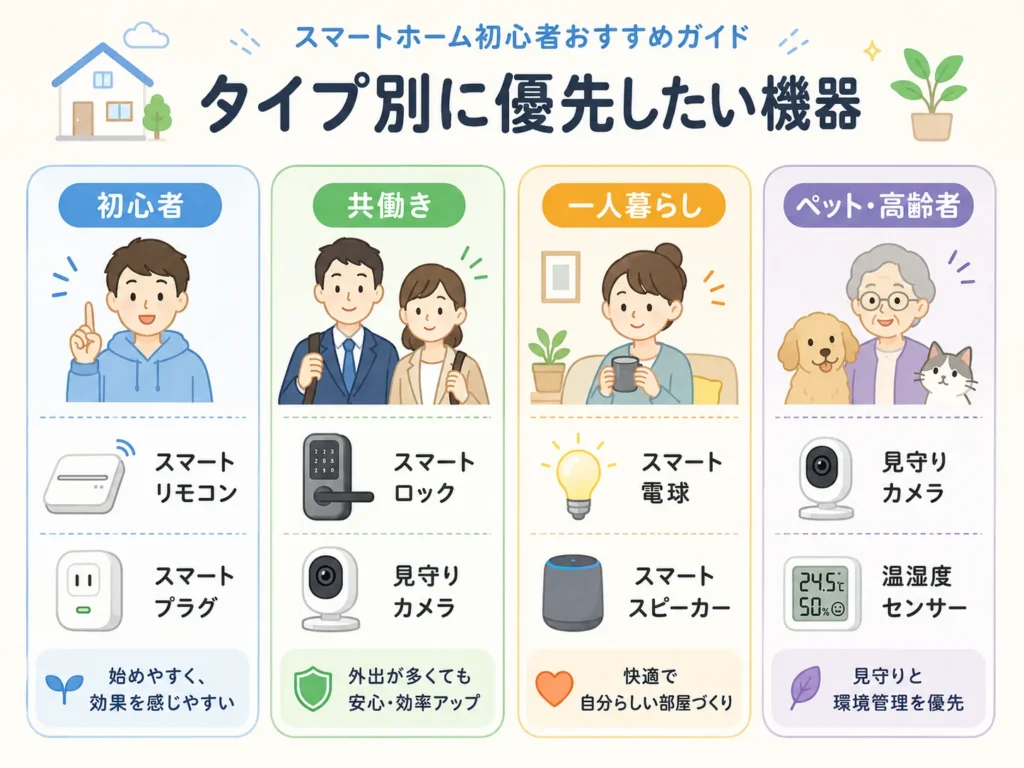 スマートホームを生活シーン別にどう始めるかを示した図解