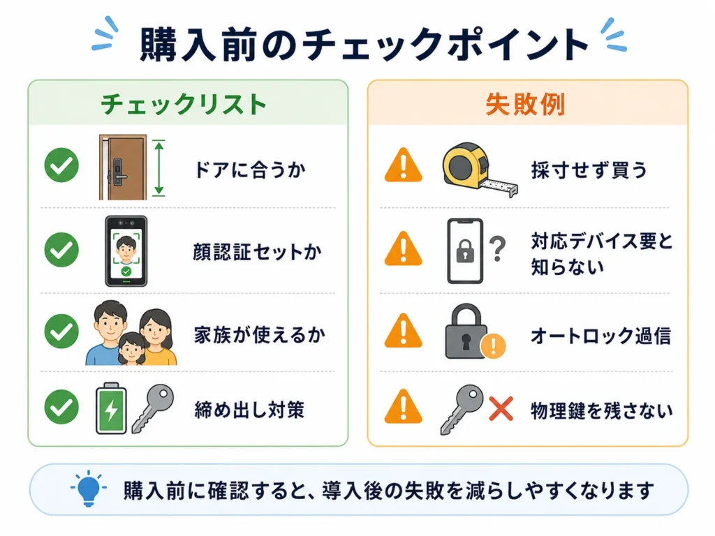 スマートロック購入前のチェックリストと失敗しやすいポイントを示した図解
