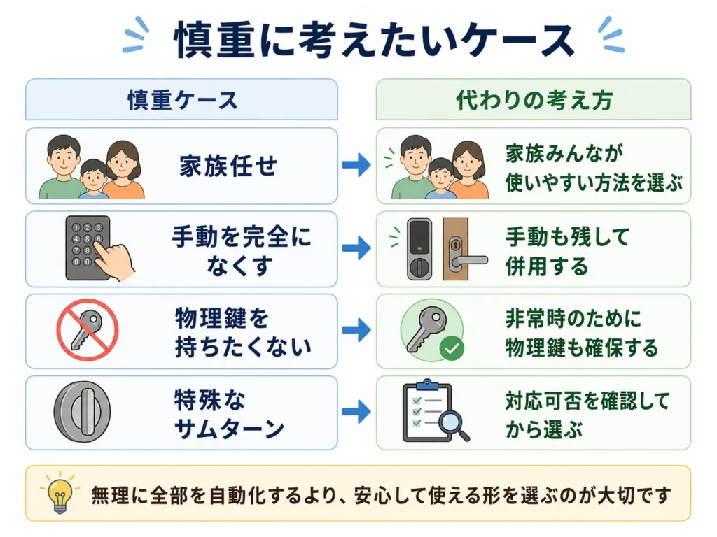 スマートロックの顔認証で慎重に考えたいケースと代わりの考え方を示した図解