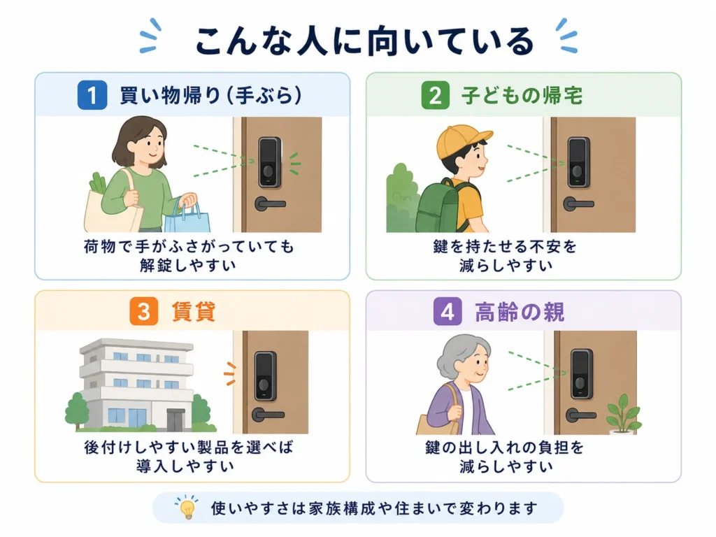 スマートロックの顔認証を生活シーン別にどう使うかを示した図解