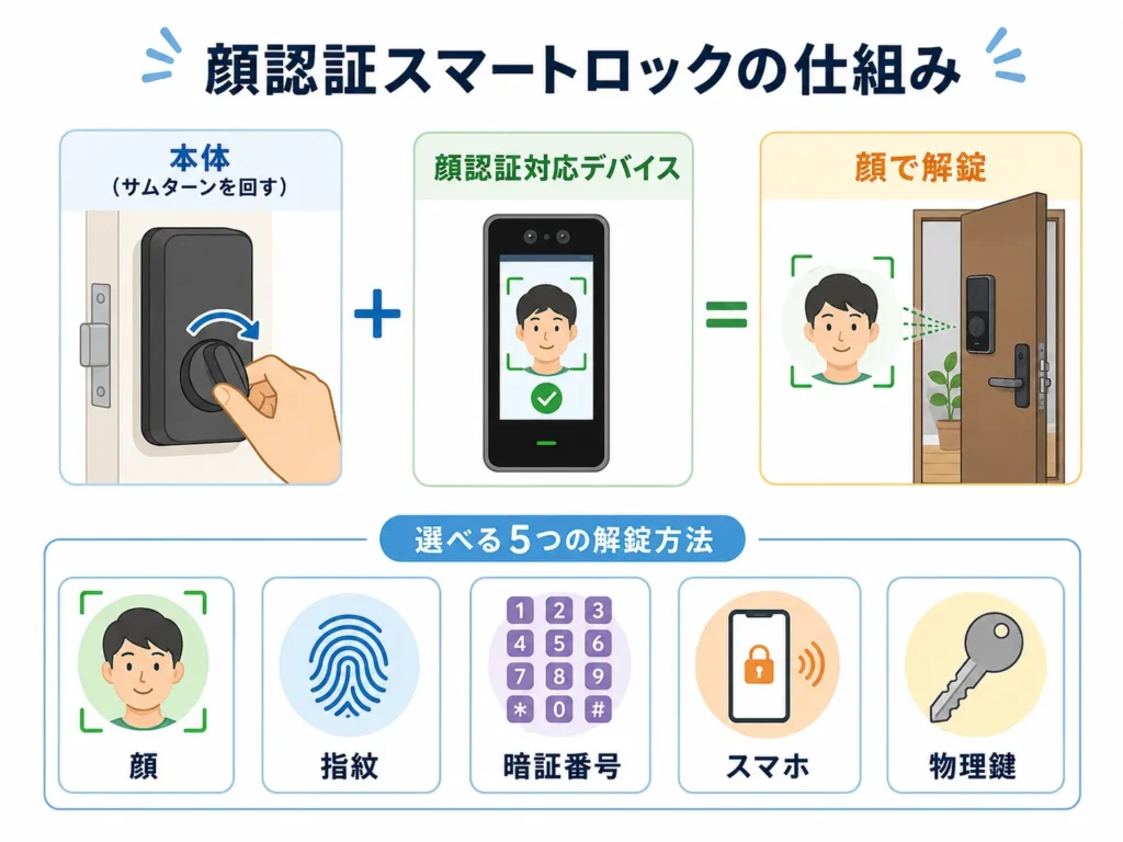 スマートロックの顔認証が本体と顔認証対応デバイスの組み合わせで使える仕組みと解錠方法を示した図解