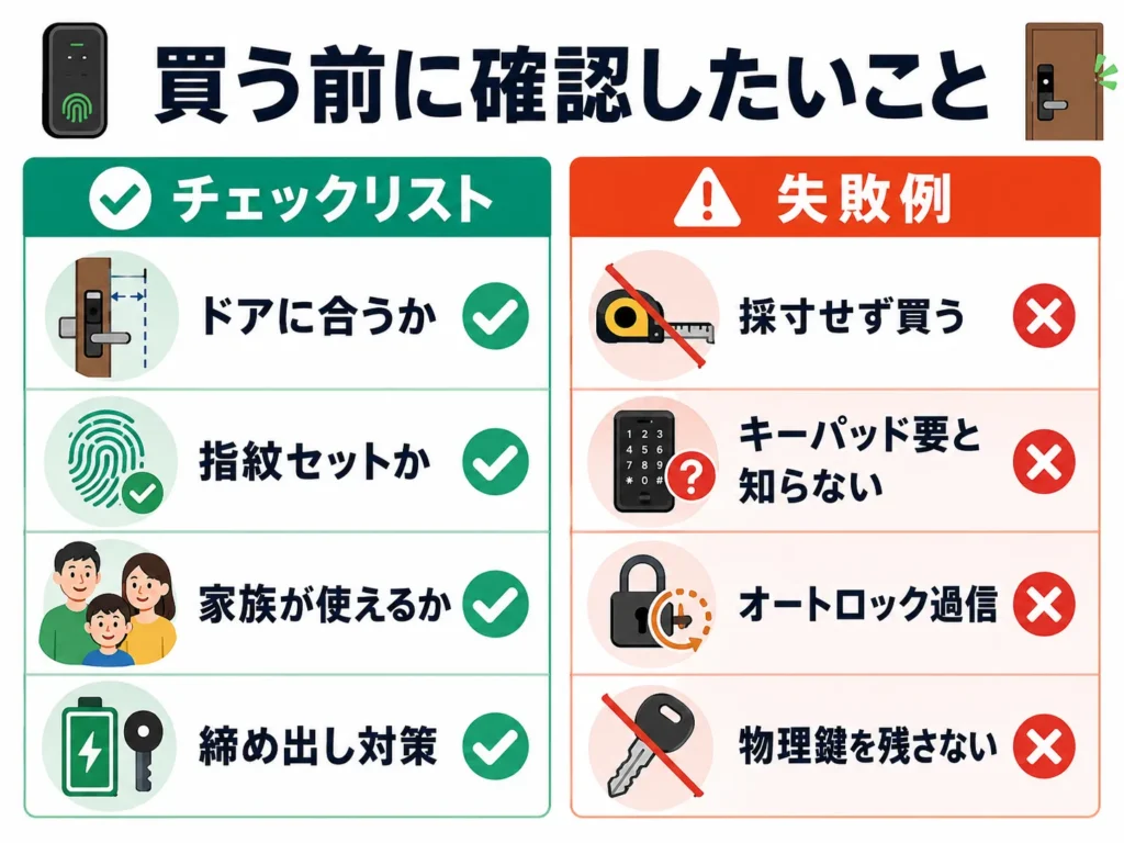 スマートロック購入前のチェックリストと失敗しやすいポイントを示した図解