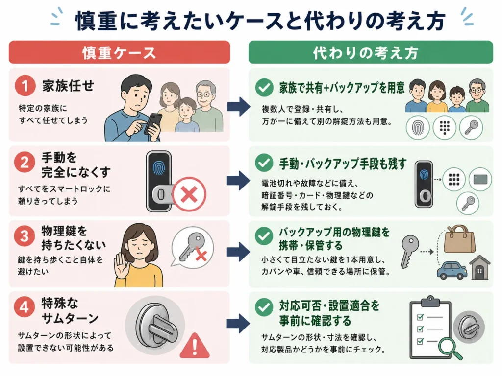 スマートロックの指紋認証で慎重に考えたいケースと代わりの考え方を示した図解