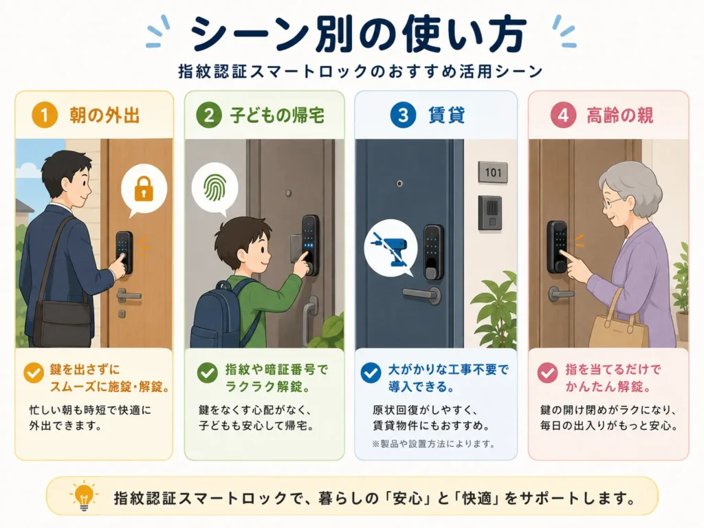 スマートロックを生活シーン別にどう使うかを示した図解