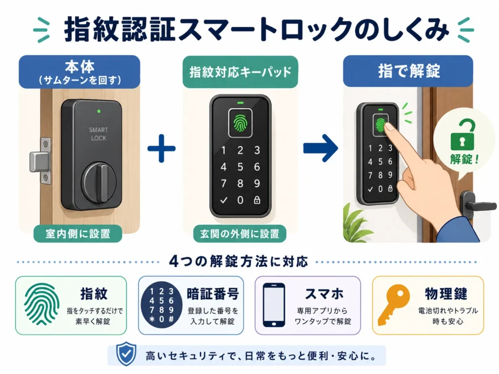 スマートロックの指紋認証が本体と指紋対応キーパッドの組み合わせで使える仕組みと解錠方法を示した図解