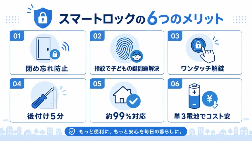SwitchBotロックProの満足ポイント（オートロックで閉め忘れ防止・指紋で子どもの鍵問題解決・ワンタッチ解錠・後付け5分・約99%対応）の図