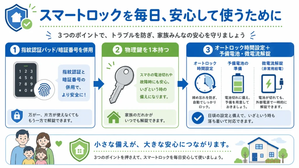 締め出しを防ぐ3対策（指紋認証パッド併用・物理鍵を持つ・オートロック時間設定と予備電池）の図