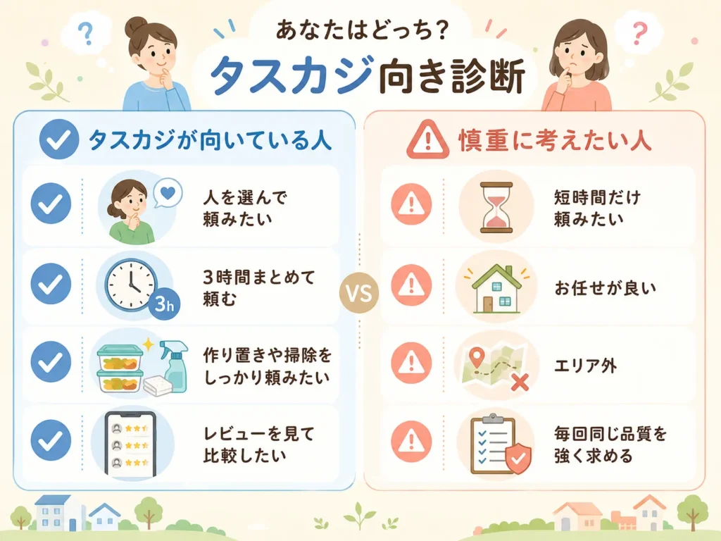 タスカジが向いている人と慎重に考えたい人を対比した診断風インフォグラフィック