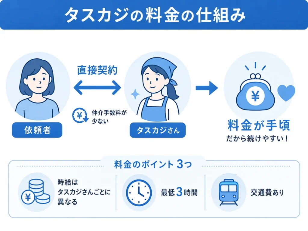タスカジは直接契約で手頃な料金になる仕組みと、時給がタスカジさんごとに異なることを示すインフォグラフィック