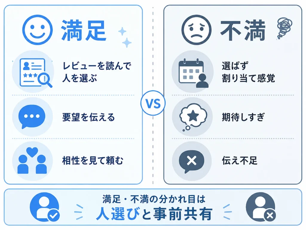 タスカジさん選びと伝え方の違いで評判が満足と不満に分かれる様子を対比したインフォグラフィック