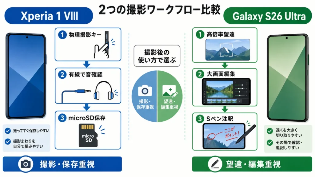 Xperia型(撮影キー→有線音確認→microSD保存)とGalaxy型(高倍率望遠→大画面編集→Sペン注釈)の手順の違いを示した図