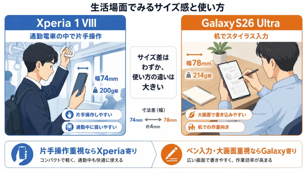 幅74mm・約200gのXperiaと幅78mm・214gのGalaxyを、片手操作と大画面ペン作業で比べた図