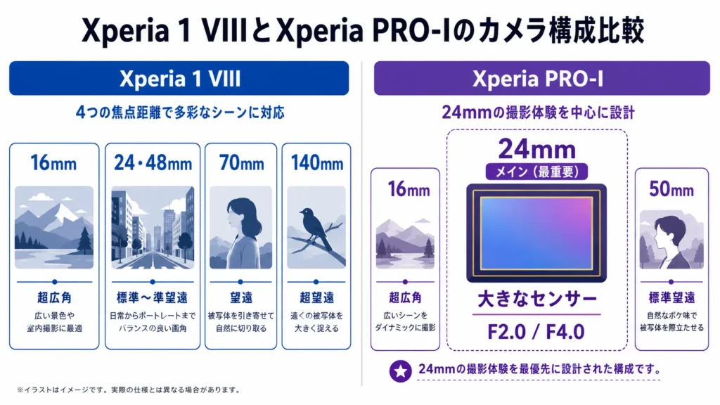 PRO-Iの1.0型が24mmだけであることと、1 VIIIの焦点距離構成