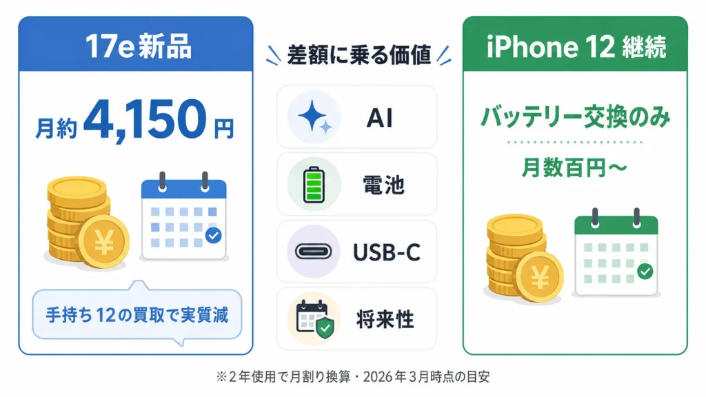 iPhone17e新品購入とiPhone12継続の場合の費用比較