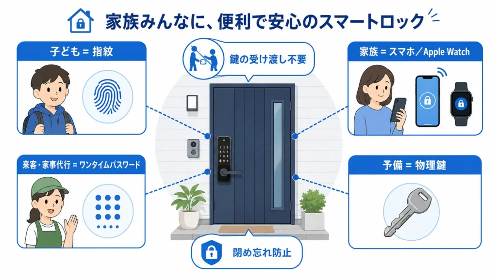 スマートロックの解錠方法(指紋・パスワード・スマホ・ワンタイムパスワード)を家族の使い分けで示した図