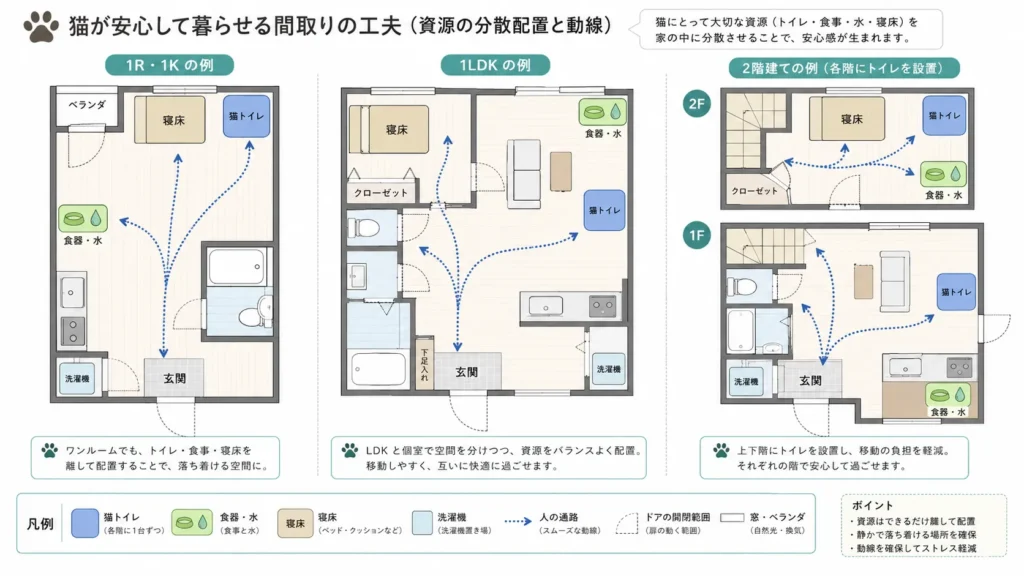 1R・1LDK・戸建ての猫トイレ配置例