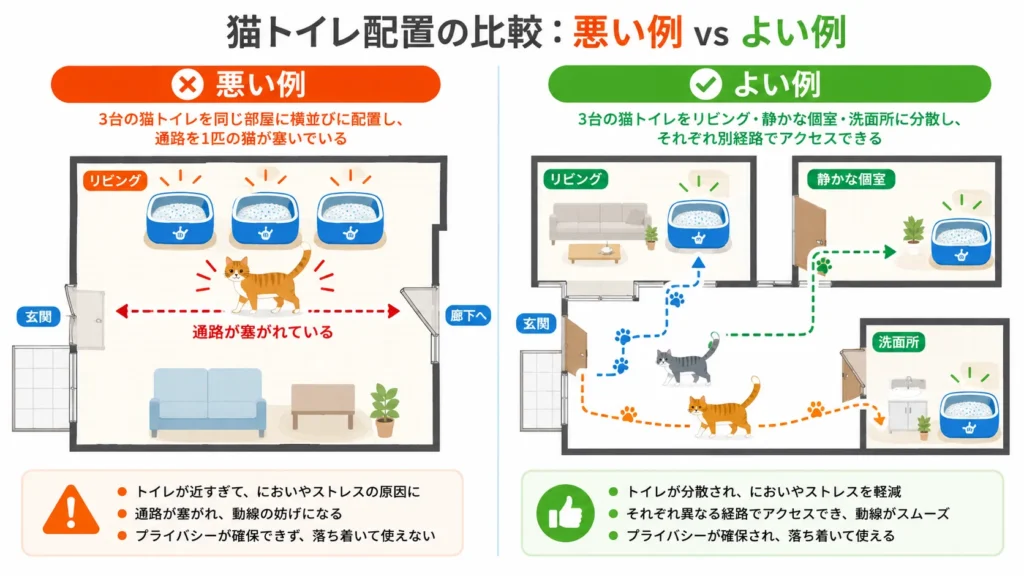 多頭飼いの猫トイレを別々の場所へ分散する例