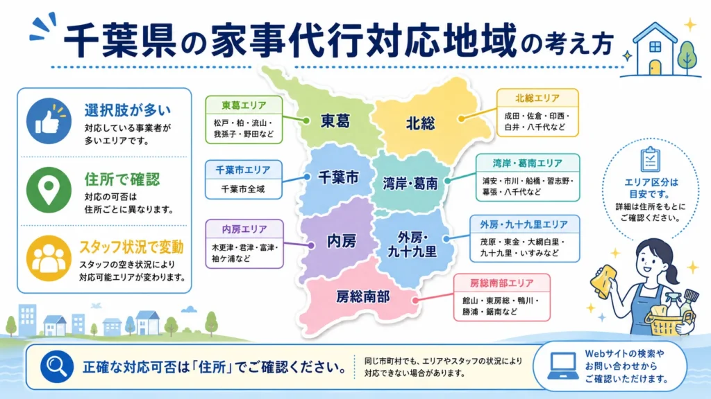 千葉市・東葛・北総・内房・外房で家事代行の候補が異なることを示す図