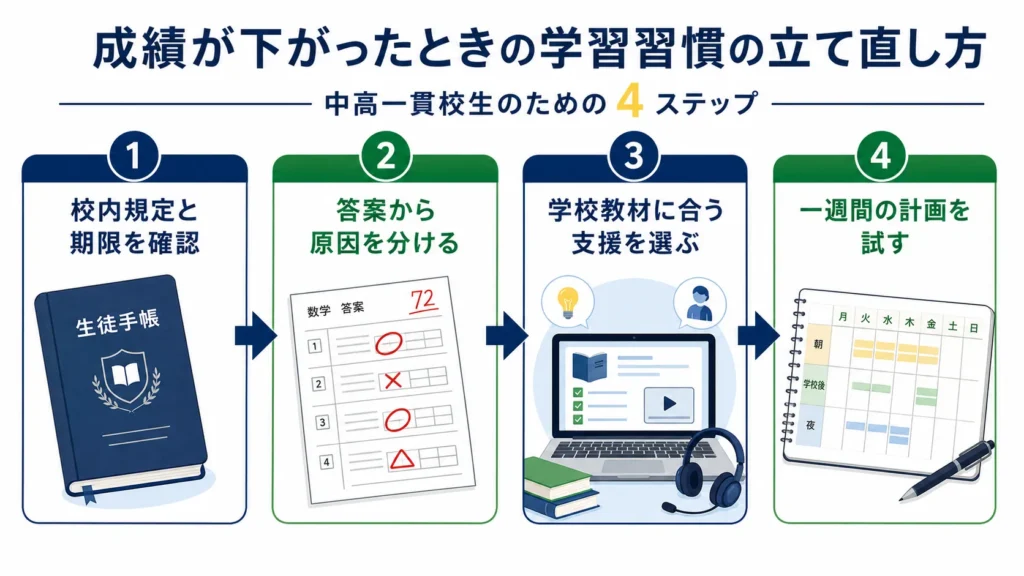 中高一貫校で成績が下がったときに確認する4つの段階。